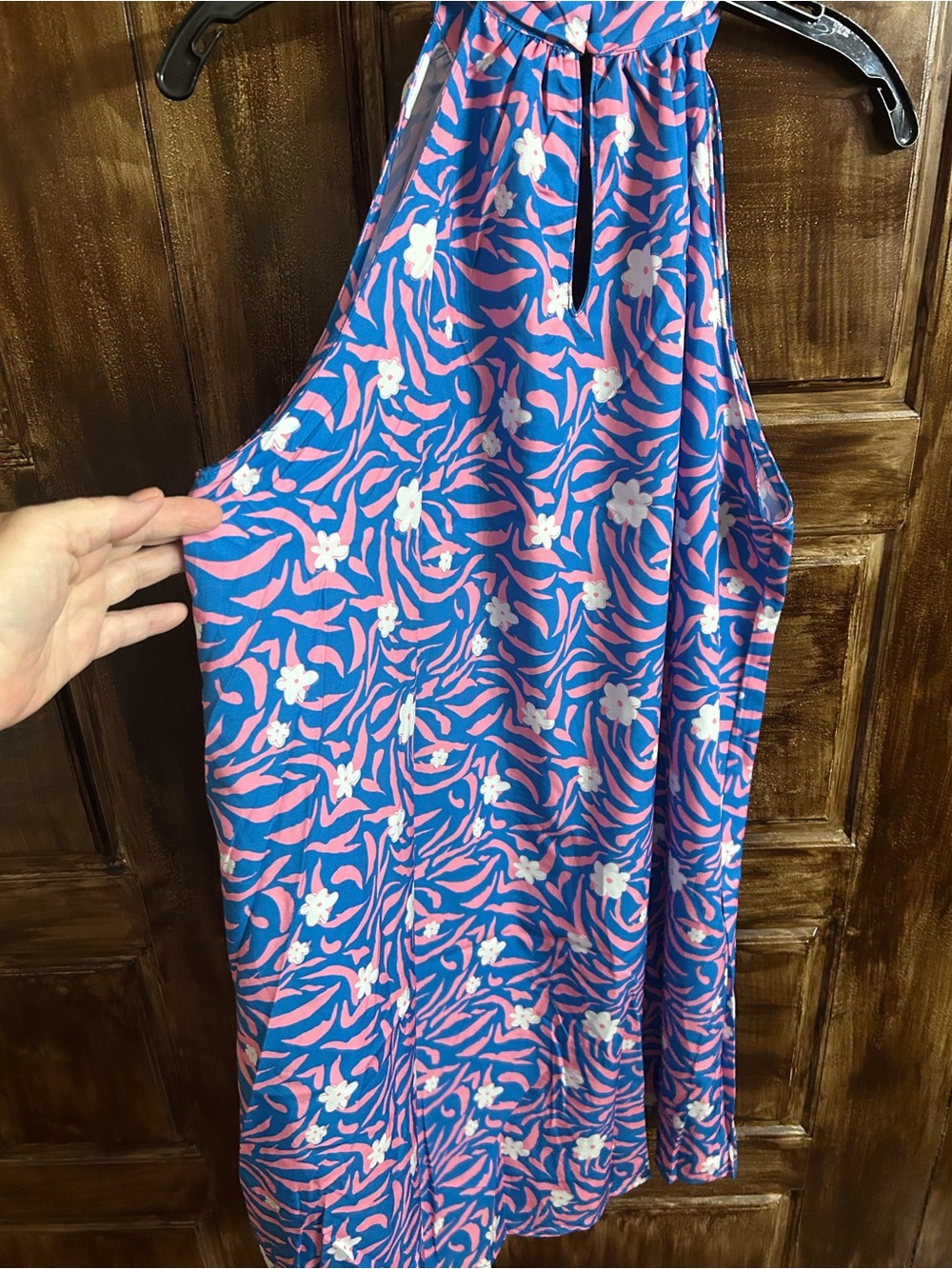 Umgee Blue,Pink,White Halter Dress with Floral-Stripe Print SizeM Keyhole Cutout - Picture 3 of 8